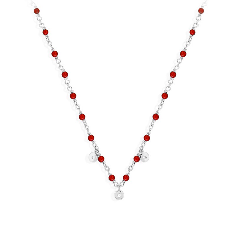 Collier Argent Rhodié Serties Et Pierre Onyx Rouge
