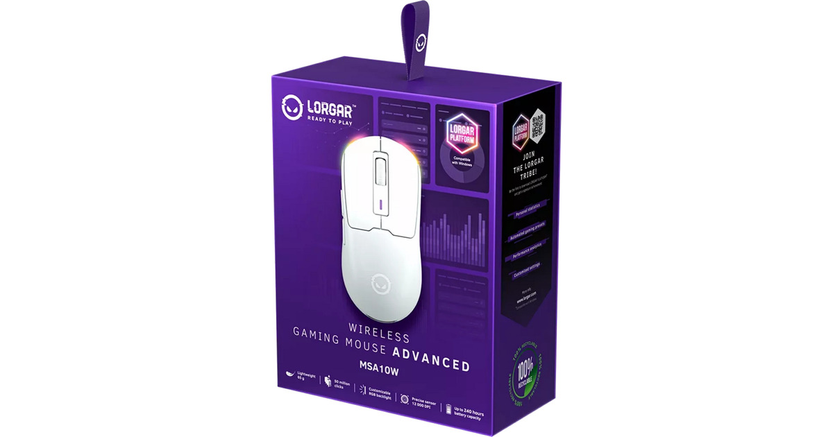 LORGARMSA10W gaming muis  (Wit, 100 - 12000 dpi, RGB, Lightweight)