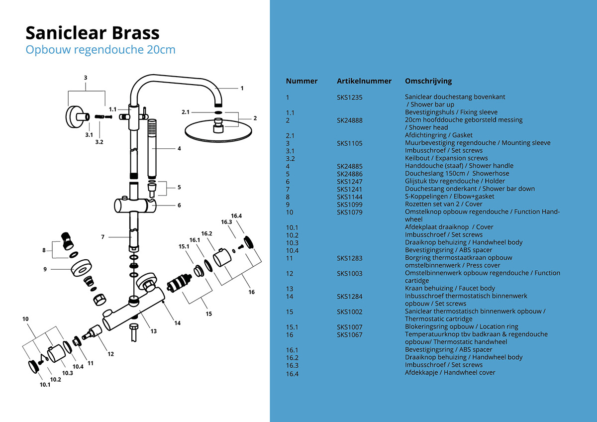 Saniclear Brass opbouw regendouche geborsteld messing / mat goud 20cm hoofddouche staaf handdouche