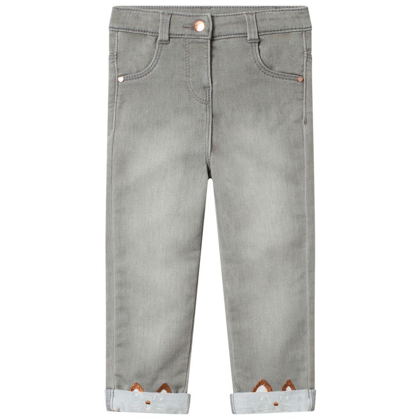 Jean effet used à chats brodés et poches - Gris chiné