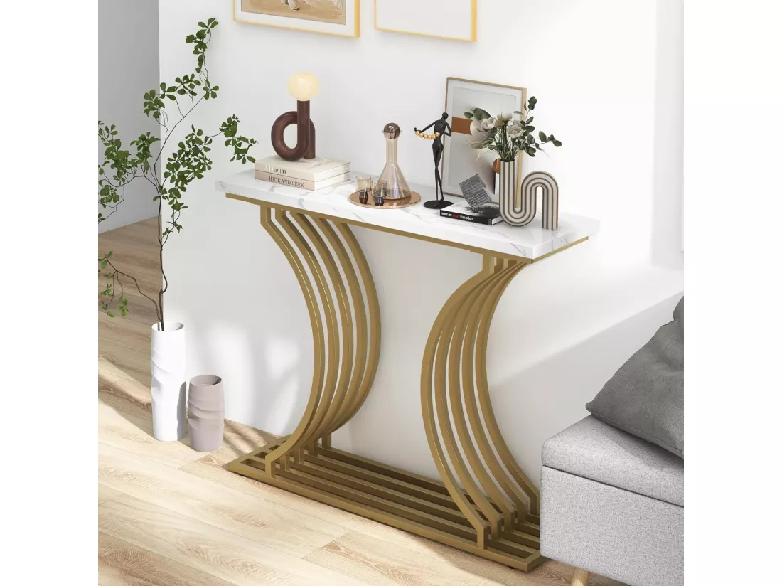 Table Console en Faux Marbre 100 cm, Console Entree Design Géométrique Moderne, Cadre en Métal Doré, Kit Anti-Basculement Inclus, 100 x 29,5 x 80,5 cm