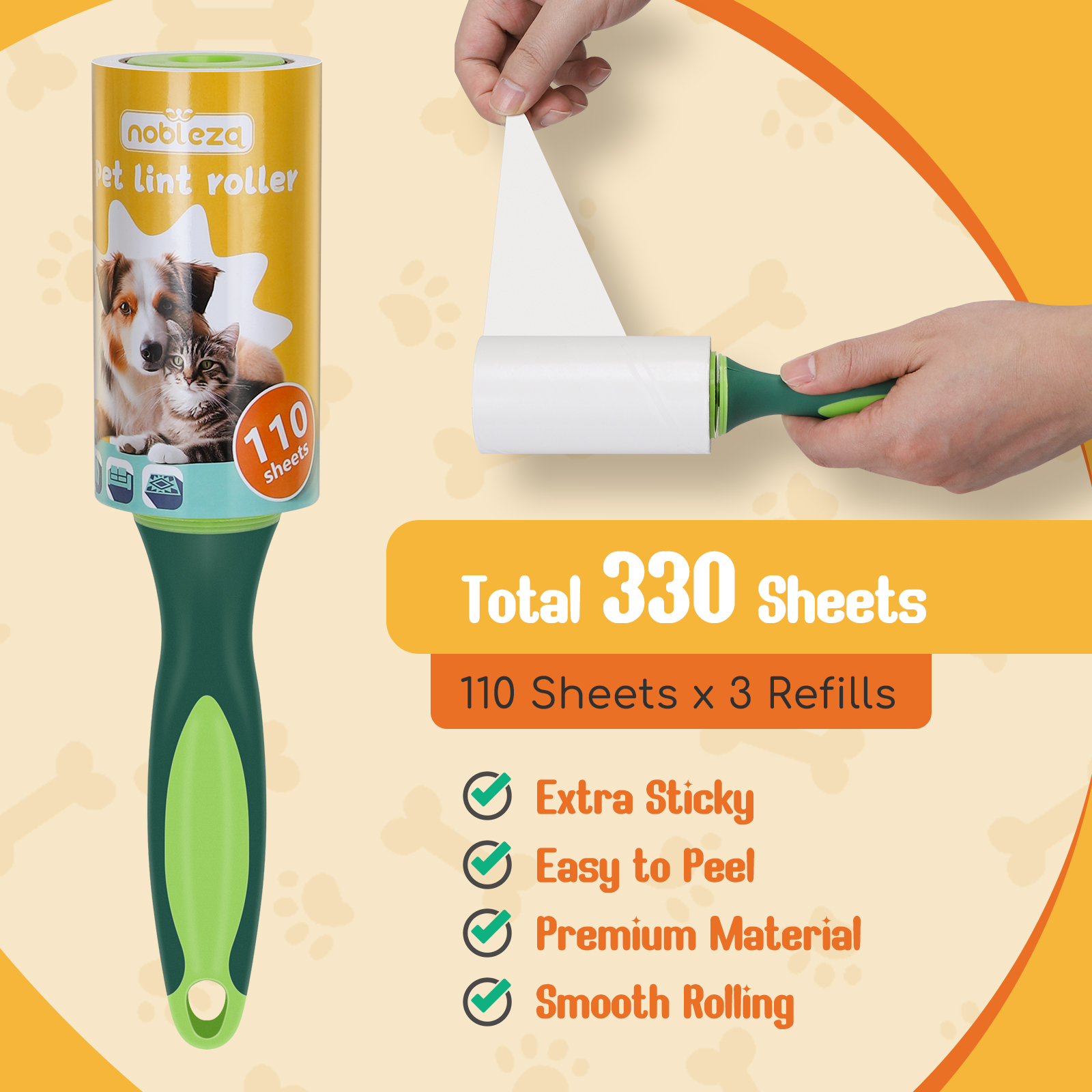 Removedor de Pelos de Animais Nobleza, Rolo Removedor de Pelos, 330 Folhas de Refil para Removedor de Pelos e 1 Cabo, Removedor de Pelos para Cães e Gatos, Pacote com 3, Extra Aderente