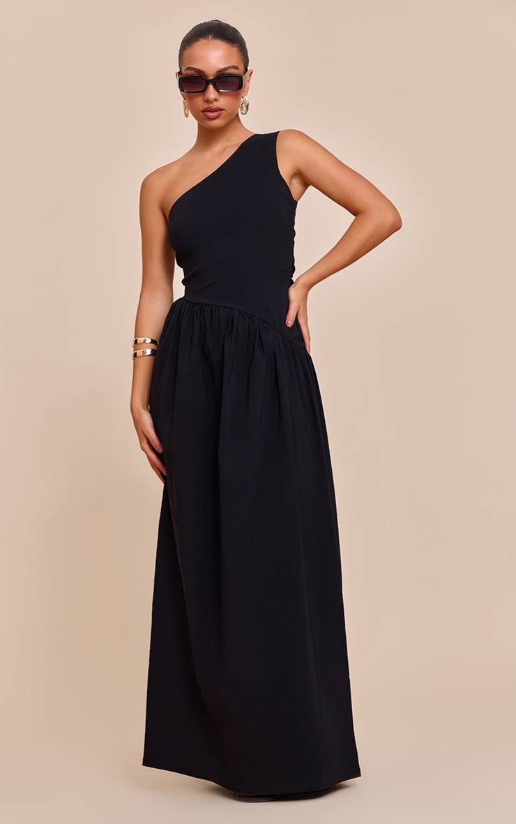 Noir Robe Maxi Asymétrique Une Épaule En Tissu Extensible Tissé