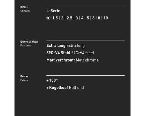 INBUS® 70211 Hoekschroevendraaierset, 9-delig, 1,5–10 mm, met 100° hoek en kogelkop — Gemaakt in Duitsland