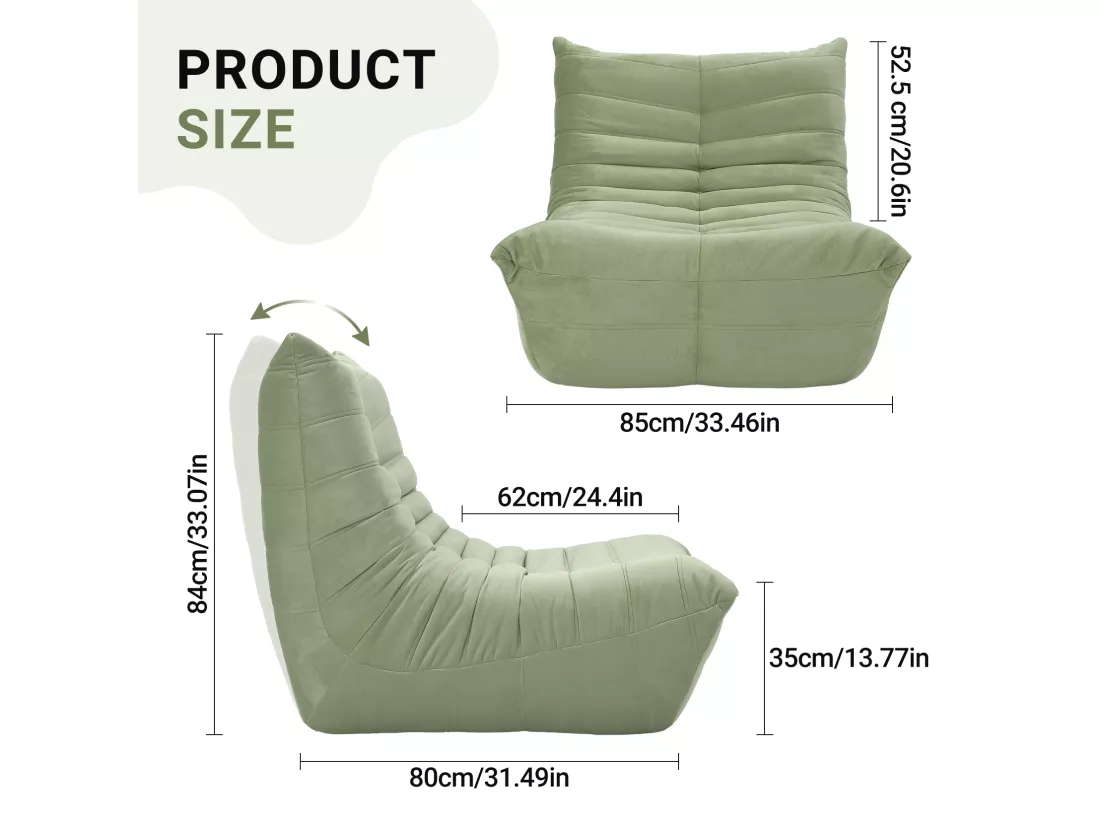 Fauteuil paresseux en tissu Chenille vert - assise profonde 62cm - 80x85x84cm