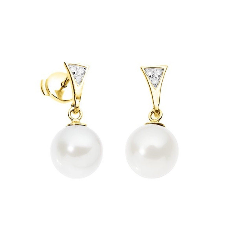 Boucles d'Oreilles Perles de Culture Blanches, Diamants et Or Jaune 750/1000
