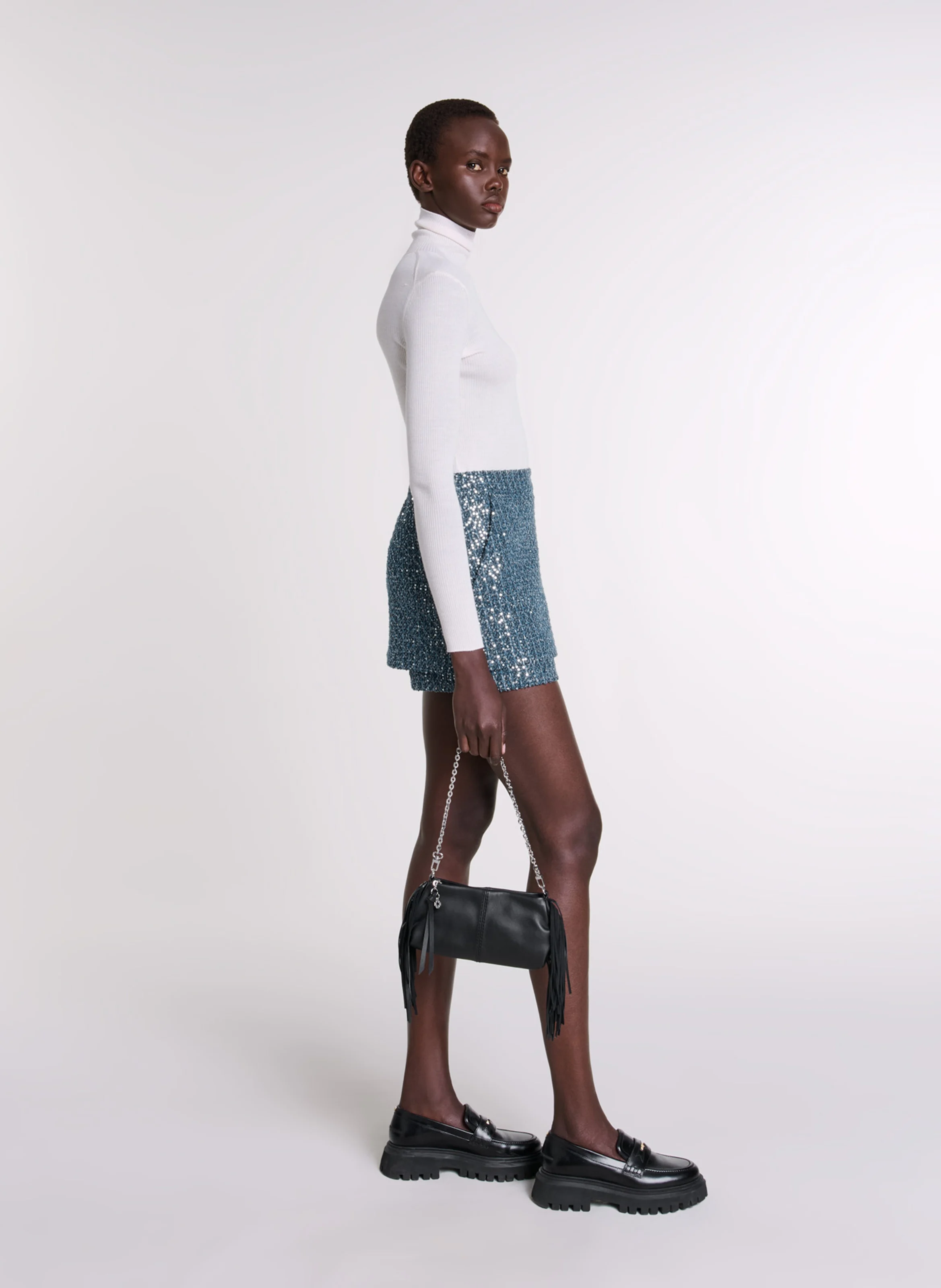 Short taille haute droit en tweed | Bleu