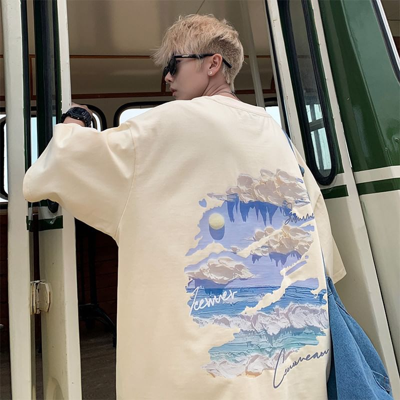 Ayuyel - T-shirt met korte mouwen, ronde hals en wolkenprint