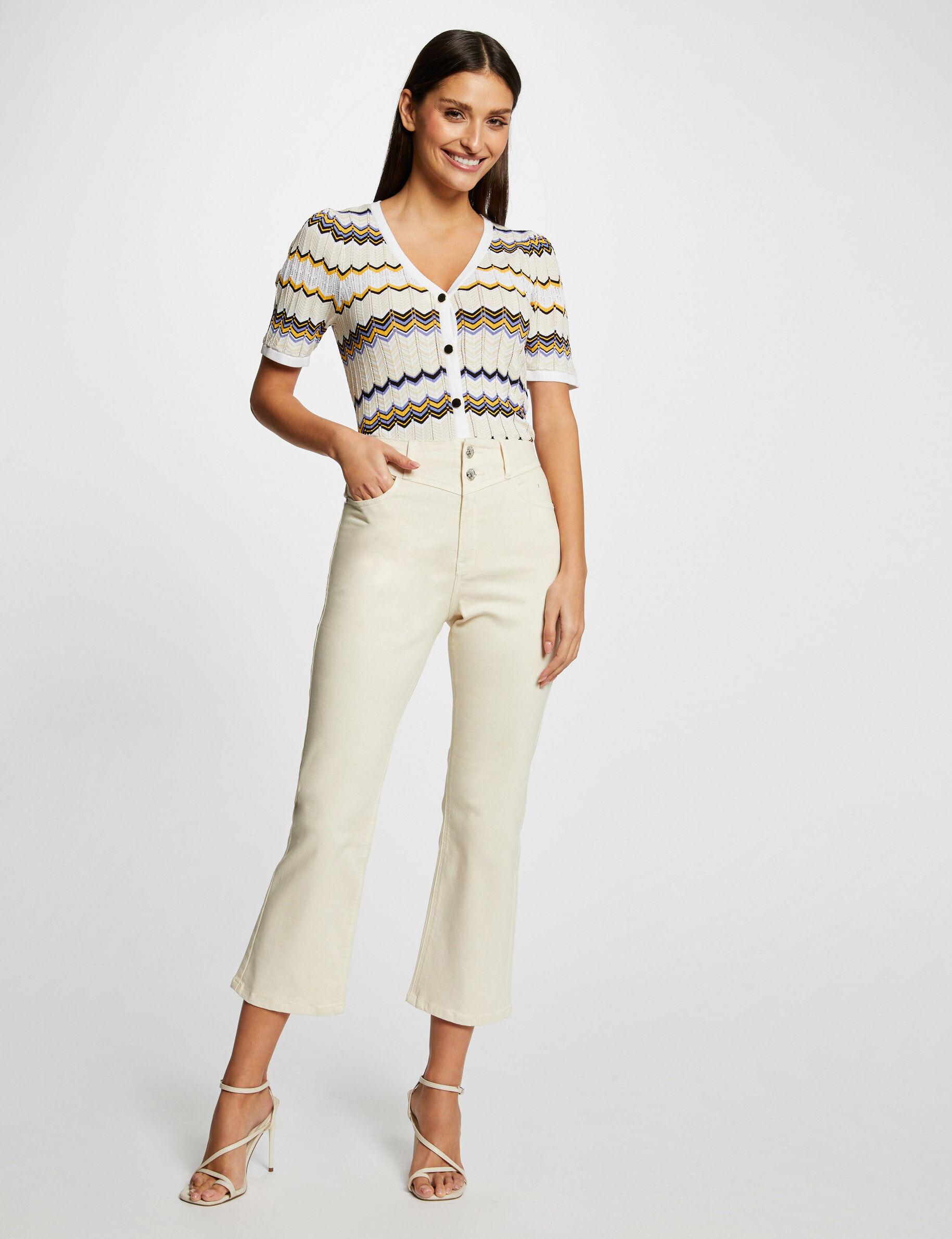 Pull manches courtes imprimé chevron ivoire femme - ivoire