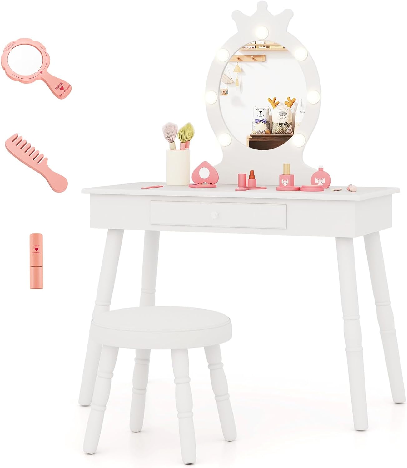 COSTWAY Schminktisch Kinder mit Beleuchtung, 2 in 1Frisiertisch Prinzessin mit abnehmbarem Spiegel & Schublade, Schminkkommde Holz mit Hocker, Kosmetiktisch Mädchen für Kinder von 3-7 Jahren (Weiß)