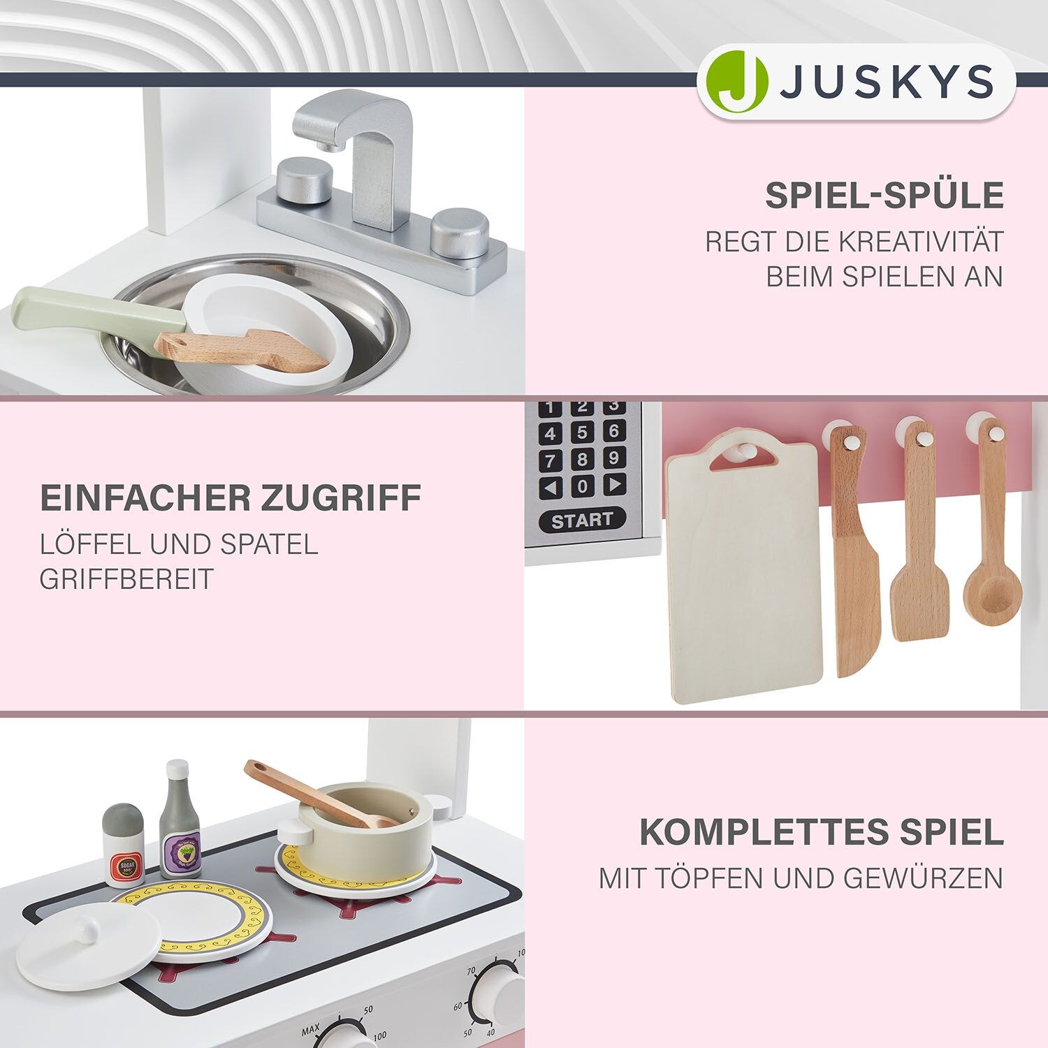 Juskys Kinderküche Jona - Spielküche mit Zubehör - Holz Spielzeug - Küche für Kinder - Weiß Rosa
