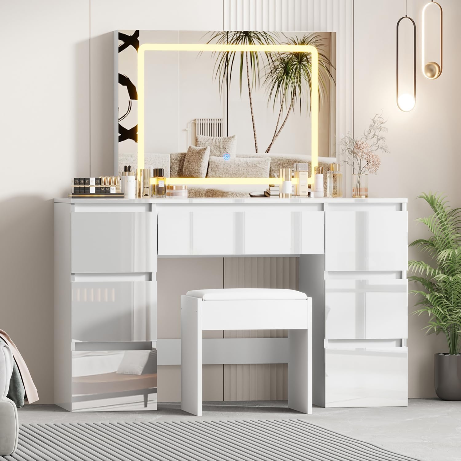 Mode Hochglanz Schminktisch mit Spiegel und Hocker, Frisiertisch mit LED Beleuchtung Licht, Damen und Mädchen 7 Schubladen Make-up Tisch Für Schlafzimmer, Kosmetikzimmer (Weiß)