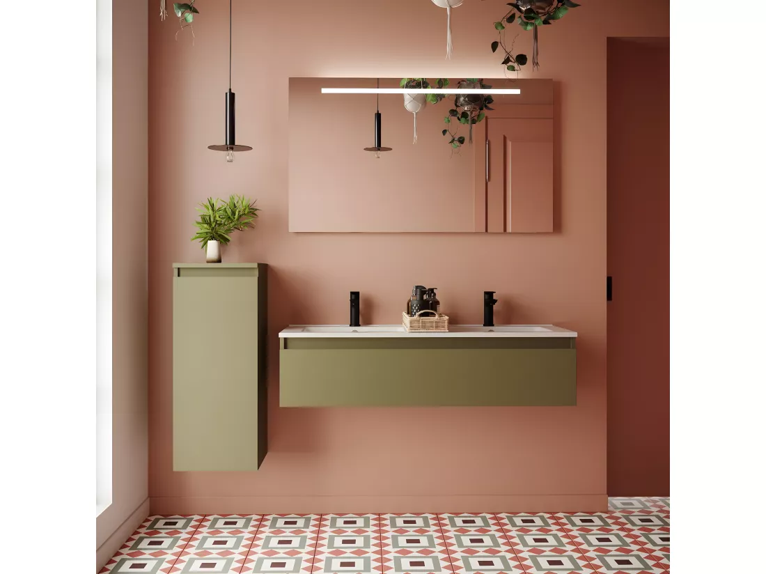 Meuble de salle de bain suspendu double vasque intégrée 120cm 1 tiroir Vert olive - Hudson