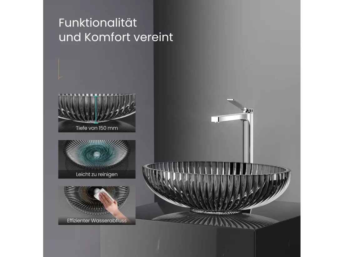 EMKE Vasque à Poser Ovale, 510 x 350 x 150 mm, Lavabo en Verre Noir, Design Montage sur Comptoir