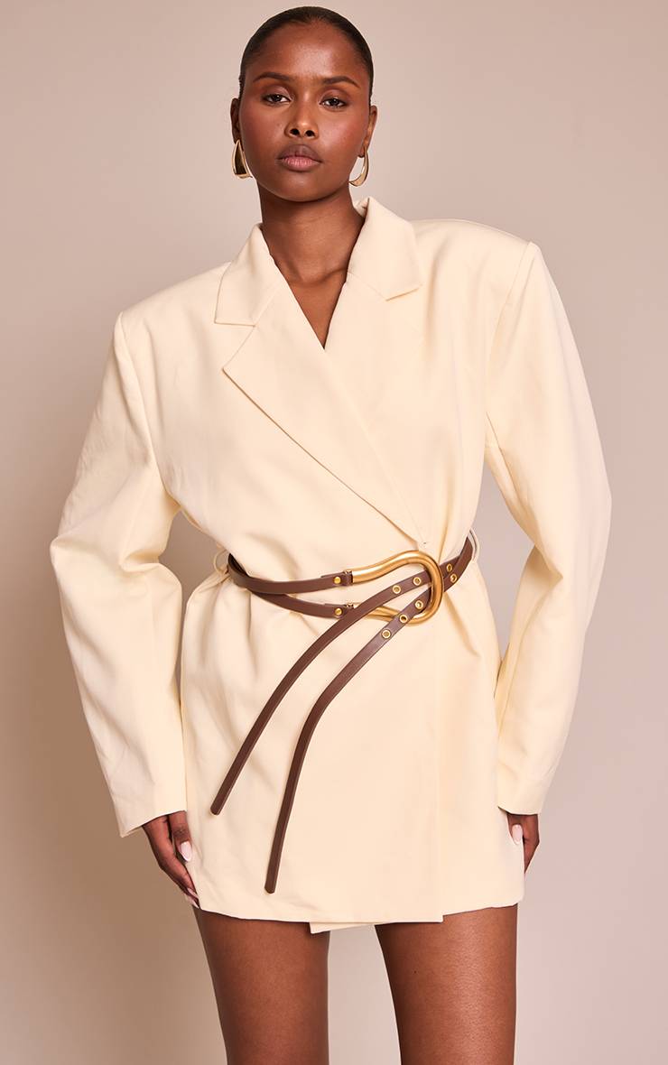 Crème Robe Blazer Ceinturée En Tissu Tissé