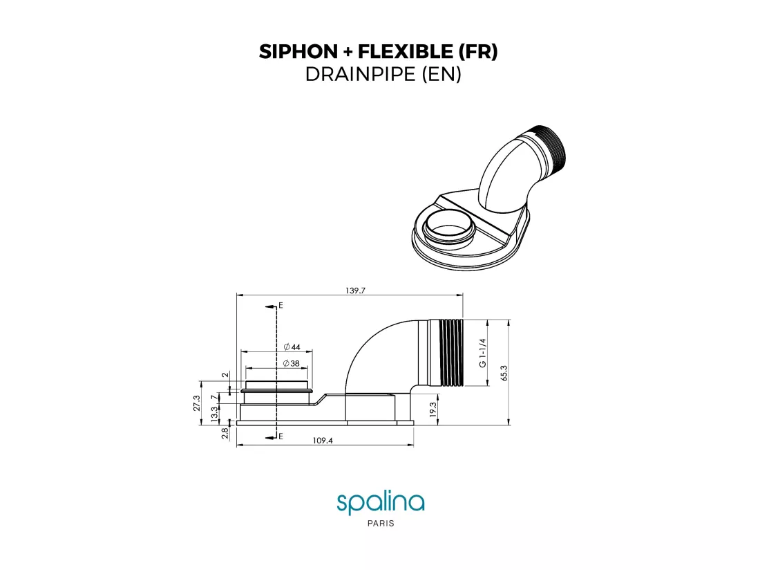 SIPHON EXTRA PLAT+FLEXIBLE - Compatible avec toutes les baignoires îlot SPALINA