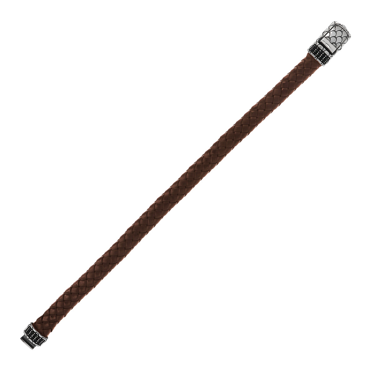 Bracelet cuir marron tressé spinelles noires 19cm