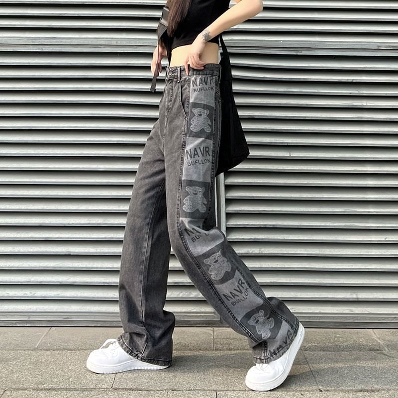LINSI - Baggy jeans met hoge taille en grafische print