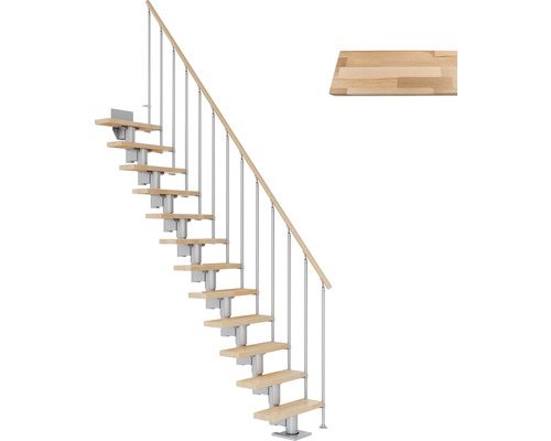 Pertura Spiros middentrap, parelgrijs, recht, 65 cm, balustrade, beuken gelamineerd hout, gelakt, 11 treden / 12 stootborden
