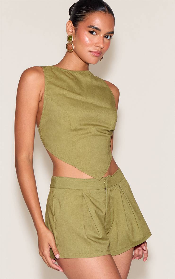 Kaki Short Tailleur Tissé Effet Lin