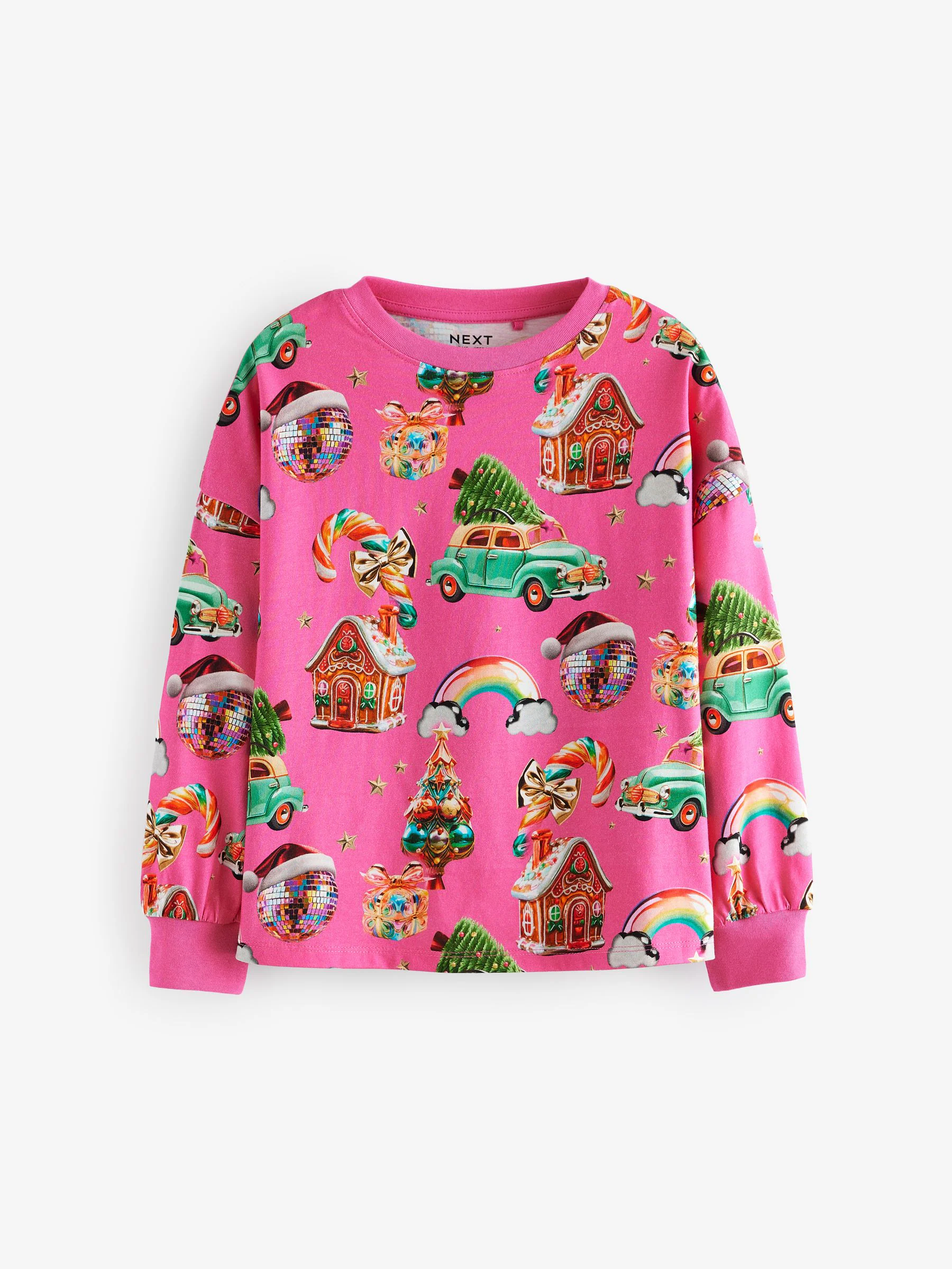 Roze - Kersttop met lange mouwen van 100% katoen (3-16jaar)