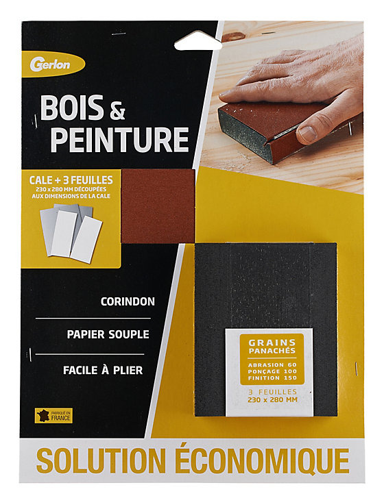 Lot de 3 feuilles d'abrasif corindon grains panachés + 1 cale
