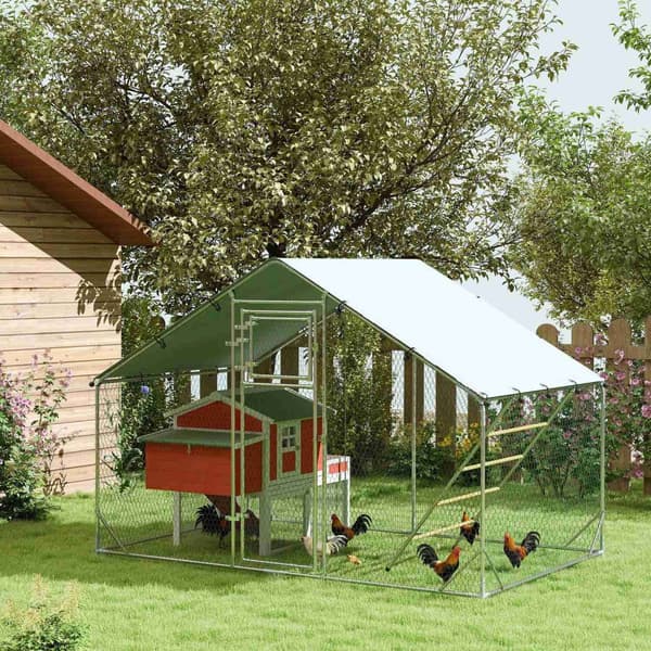 Hønsehus frittgående innhegning av stål, 300 x 200 x 195 cm kyllingbur med UV-bestandig deksel, fôringsdør, hengende fôring, abbor, hønseinnhegning fo
