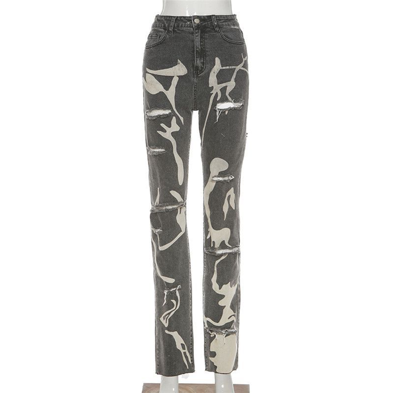 Kobeque - High Rise Splatter Print Distressed Straight Leg Jeans