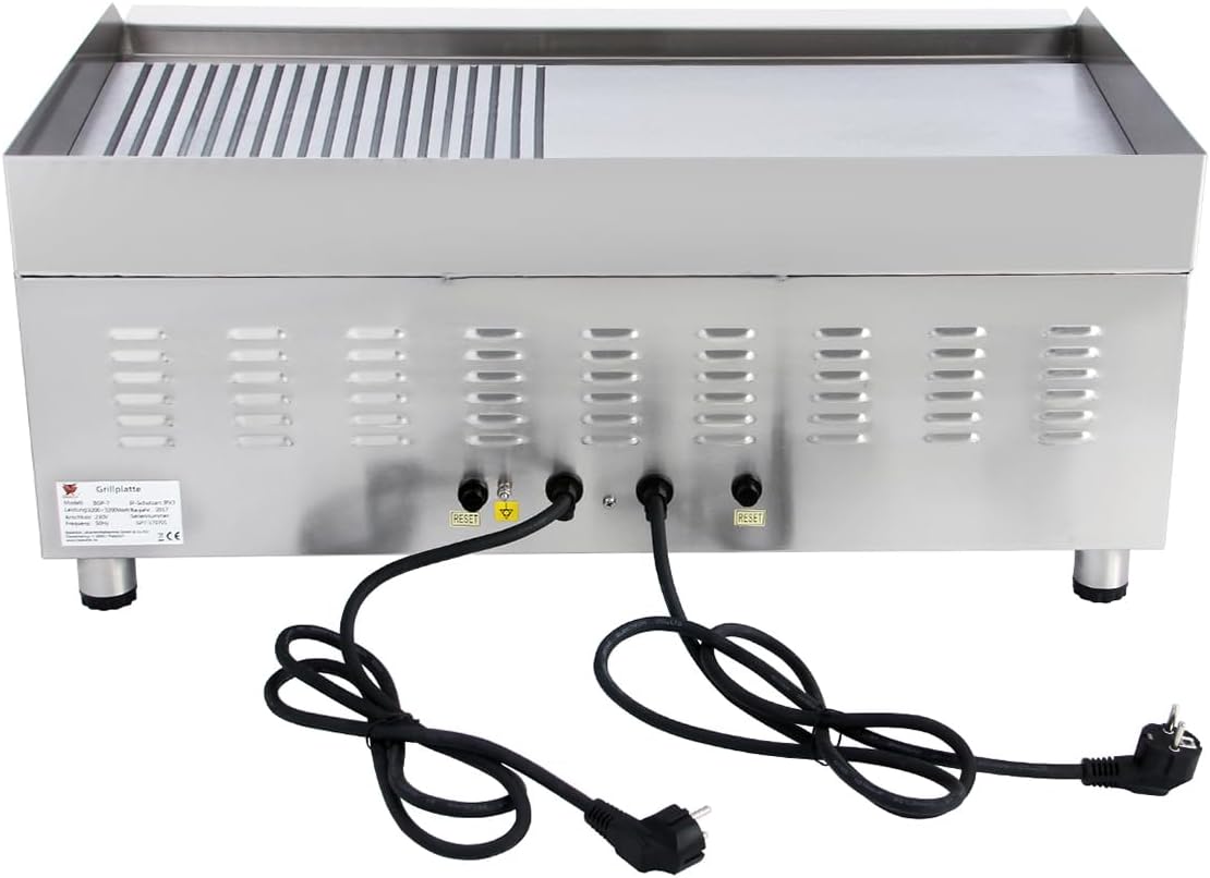 Beeketal 'BGP-7' Profi Gastro Grillplatte elektrisch mit gerillter und glatter Grillfläche (75 x 40 cm) aus 10 mm dickem Gusseisen, 2 Zonen stufenlos regelbar je 50-300 °C (2 x 3200 Watt)
