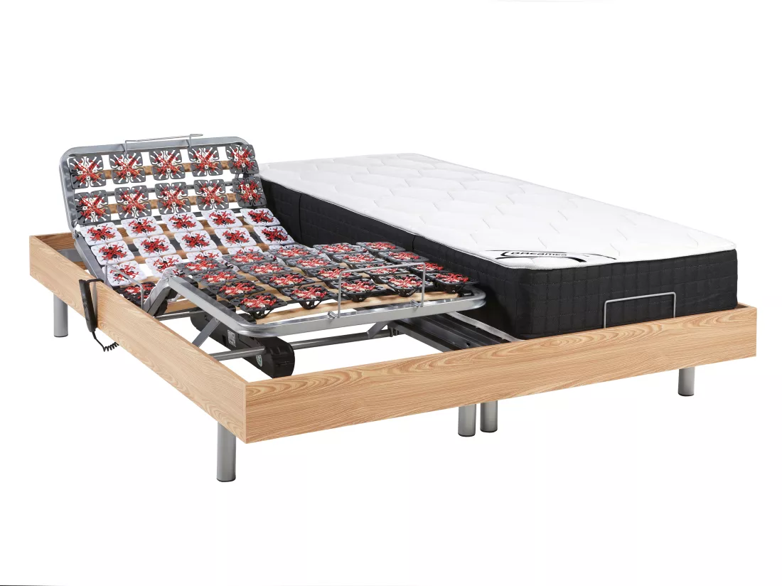 Lit électrique de relaxation tout plots + matelas ressorts ensachés et mémoire forme - 2 x 90 x 200 cm - Chêne - PHANES de YSMÉE