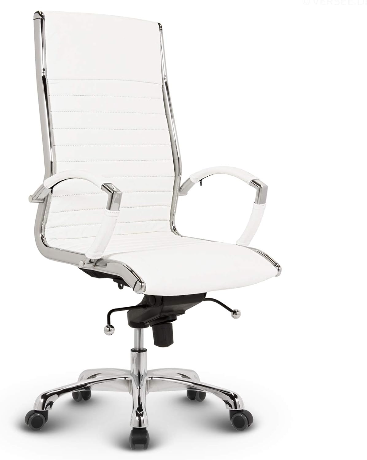 VERSEE Premium Echt-Leder Chefsessel Montreal in Weiss - Ergonomischer Designstuhl für Büro und Home-Office - Sitzhöhe 46-54cm - Belastbar bis 150kg