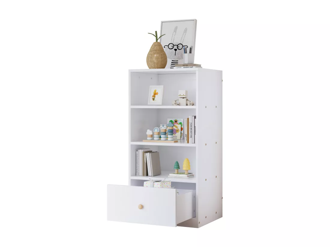 Bibliothèque 60x50x120cm, étagère avec trois étagères et un tiroir, coulisses silencieuses, chambre à coucher, salon, MDF, blanc