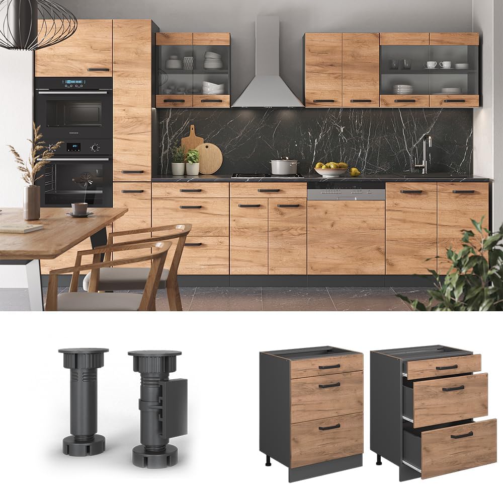 Vicco Küchenunterschrank R-Line, Goldkraft Eiche/Anthrazit, 60 cm mit Schubladen, ohne Arbeitsplatte