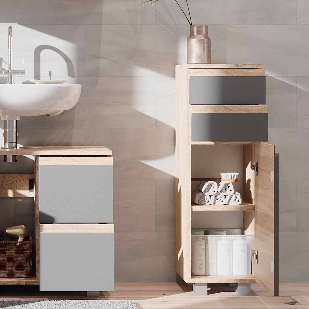 Vicco Midischrank Badschrank Badezimmermöbel J-shape Sonoma Anthrazit modern 30x95cm Badezimmer Schrank Badmöbel Schranktür Schrankschublade Schrankfach Ablage Aufbewahrung