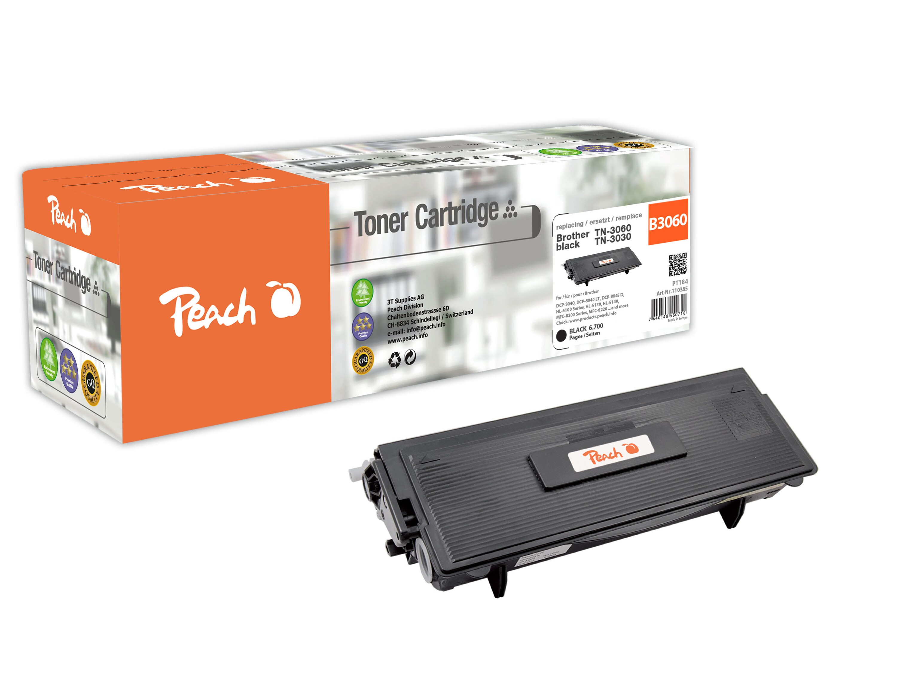 Peach B3030Toner XL bk ersetzt Brother TN-3030, TN-3060 für z.B. Brother DCP -8040, Brother DCP -8040 LT, Brother DCP -8045 D, Brother HL -5100 (wiederaufbereitet)