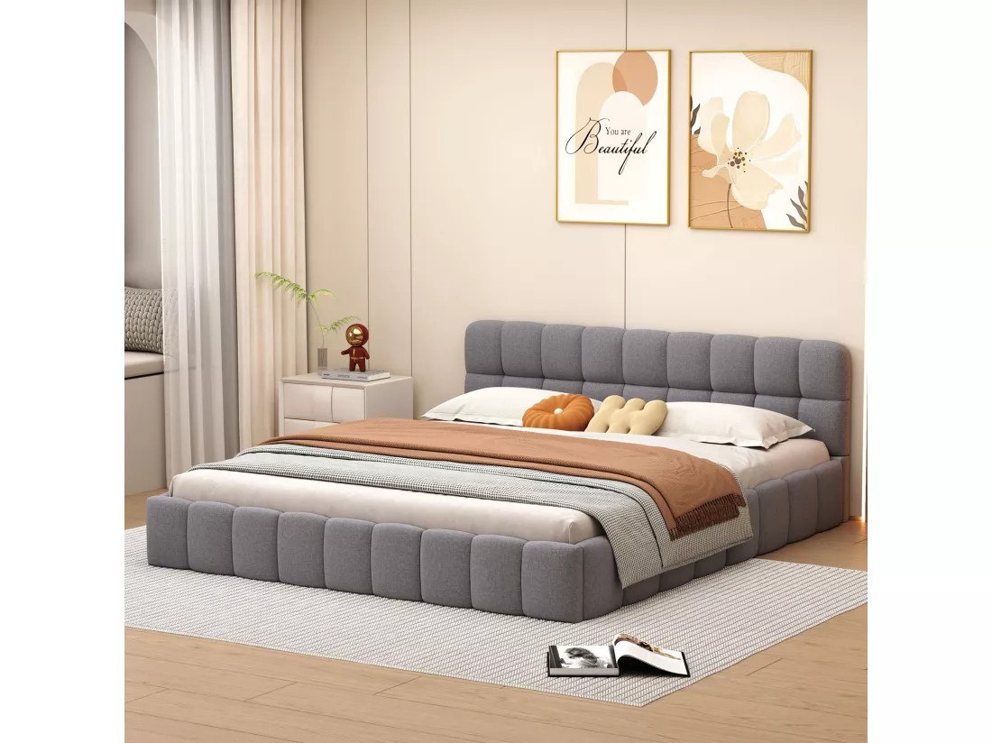 Lit adulte 160x200cm, lit double en lin avec dossier moelleux, Lit plat avec encadrement rembourré, sommier à lattes, tête de lit, gris