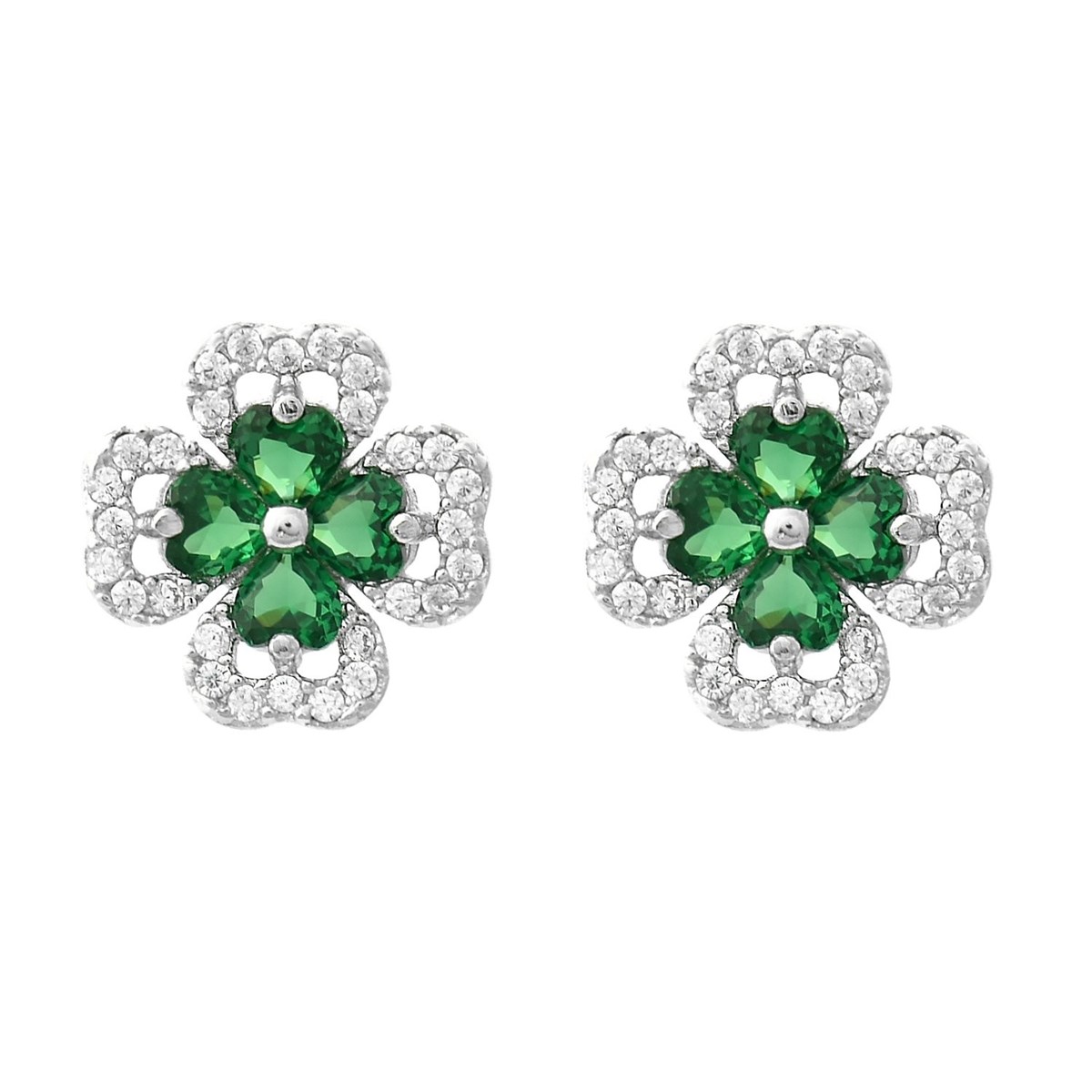 Boucles d'oreilles trèfle de coeurs oxydes de zirconium verts Argent 925 Rhodié