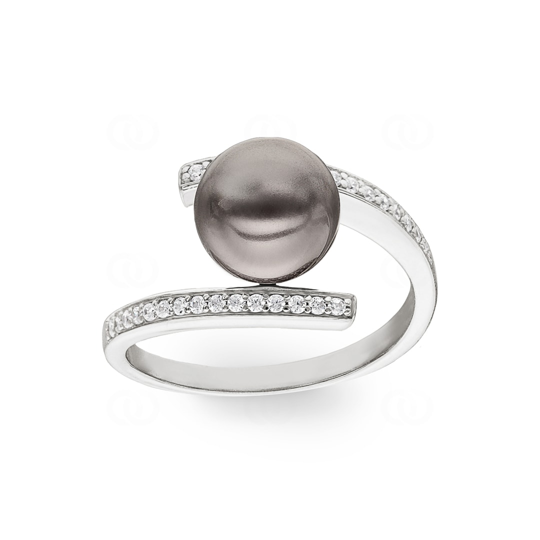 Damenring 925 Silber rhodiniert mit schwarzer Kunstperle 8mm & Zirkonia