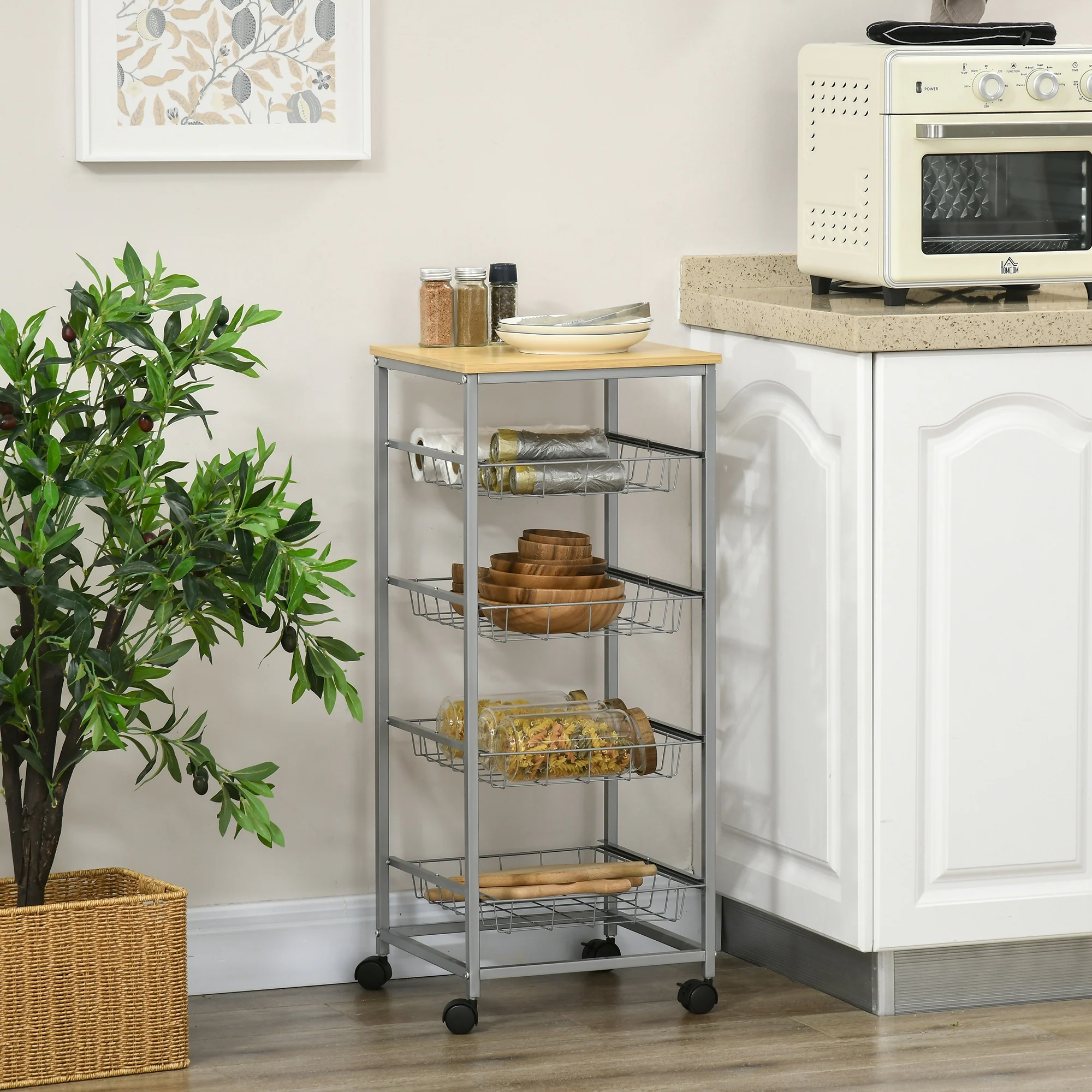 HOMCOM Küchenrollwagen silber, natur 36,5 x 36,5 x 89 cm (LxBxH)