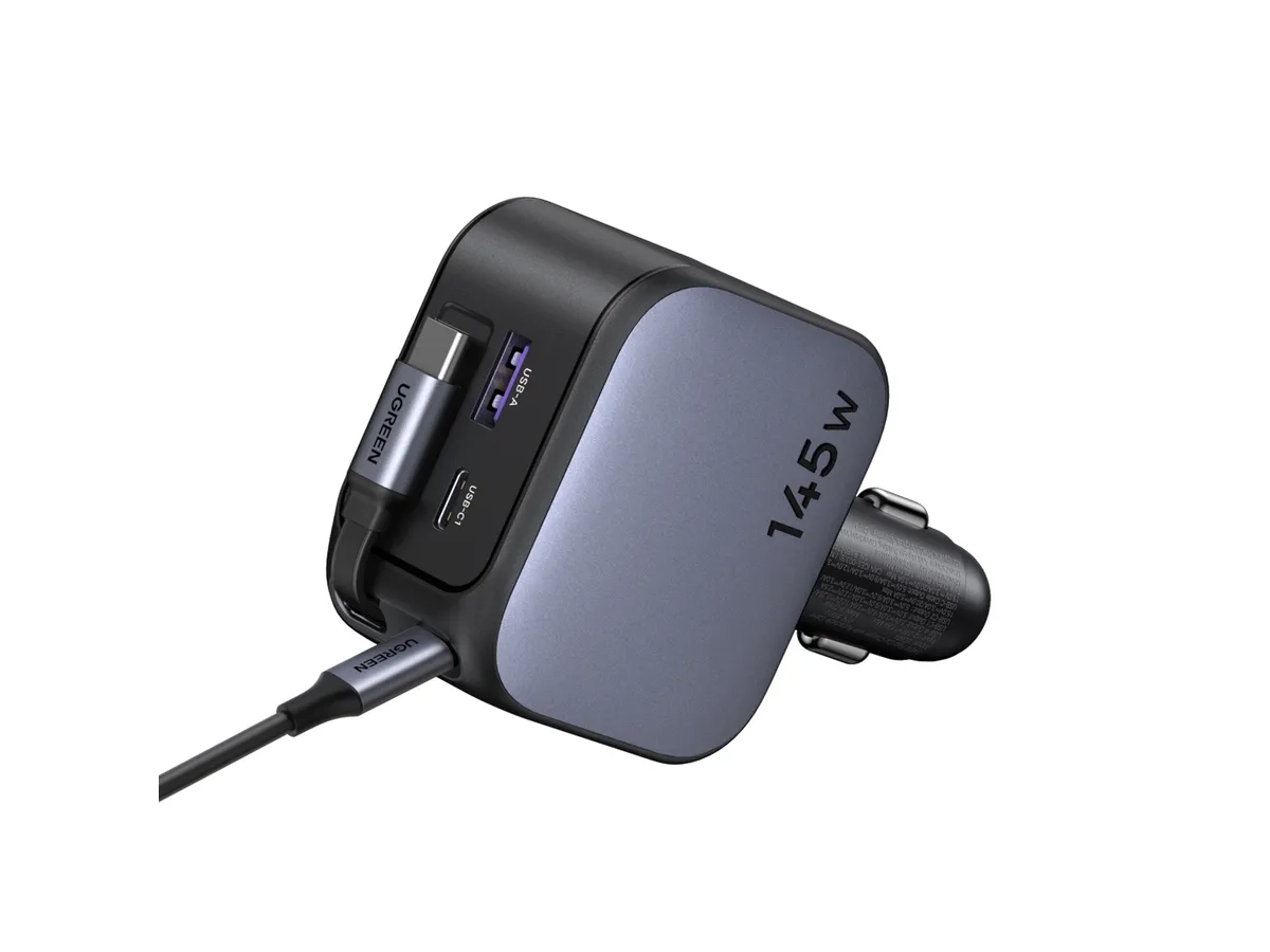 (145W) 2x USB C / USB A Auto Ladegerät Fast Car Charger mit ausziehbarem USB C Ladekabel (55910B) - Silber / Schwarz