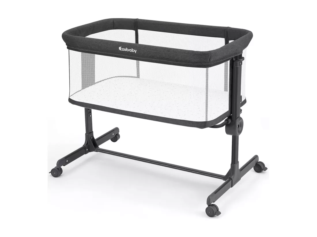 Ezebaby Lit Bébé Cododo 2 en 1,Lit Parapluie à 9 kg,Hauteur Réglable 7 Niveaux,Berceau Bébé avec Matelas,Côté Repliable,Maille Respirante - Gris Foncé