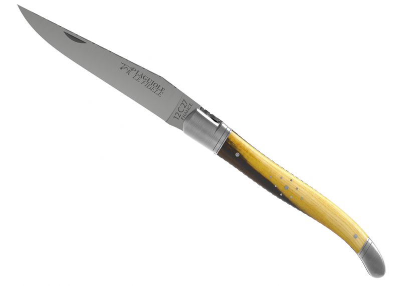 Couteau Laguiole prestige avec un manche en bois de pistachier et mitres en acier inoxydable
