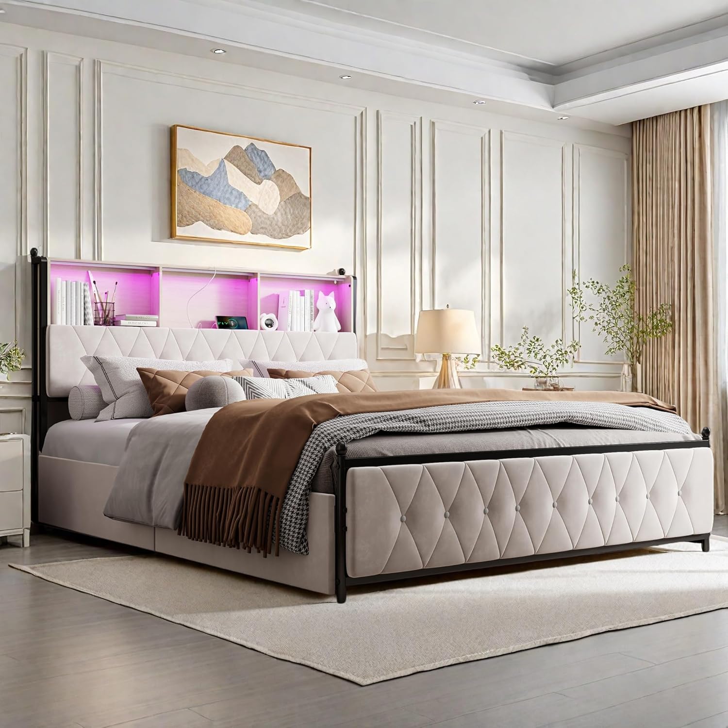 Bett mit Schublade, 180 x 200 cm, Doppelbett, gepolstert, mit 4 Schubladen, Bett, Truhe mit LED und USB-Aufladung, Bettgestell mit Kopfteil für Erwachsene Jugendliche, Samt, Beige