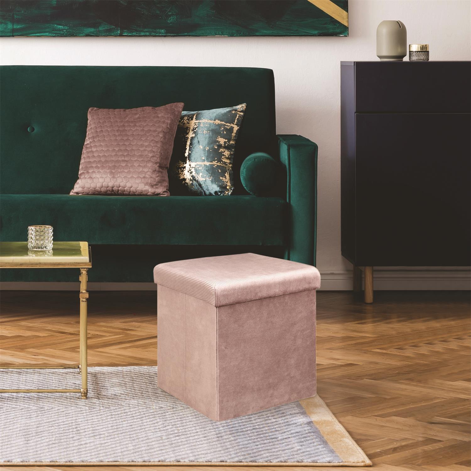 COFFRE POUF PLIABLE VELOURS COTELE GIULIA ROSE