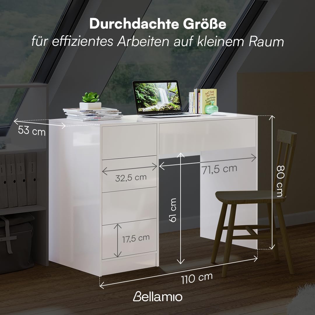 Bellamio Livny Schreibtisch Hochglanz weiß mit 5 Schubladen – Schminktisch ohne Spiegel – White Desk with Drawers 80x53x110 cm – Jugendschreibtisch - Bürotisch mit Schubladen beidseitig montierbar