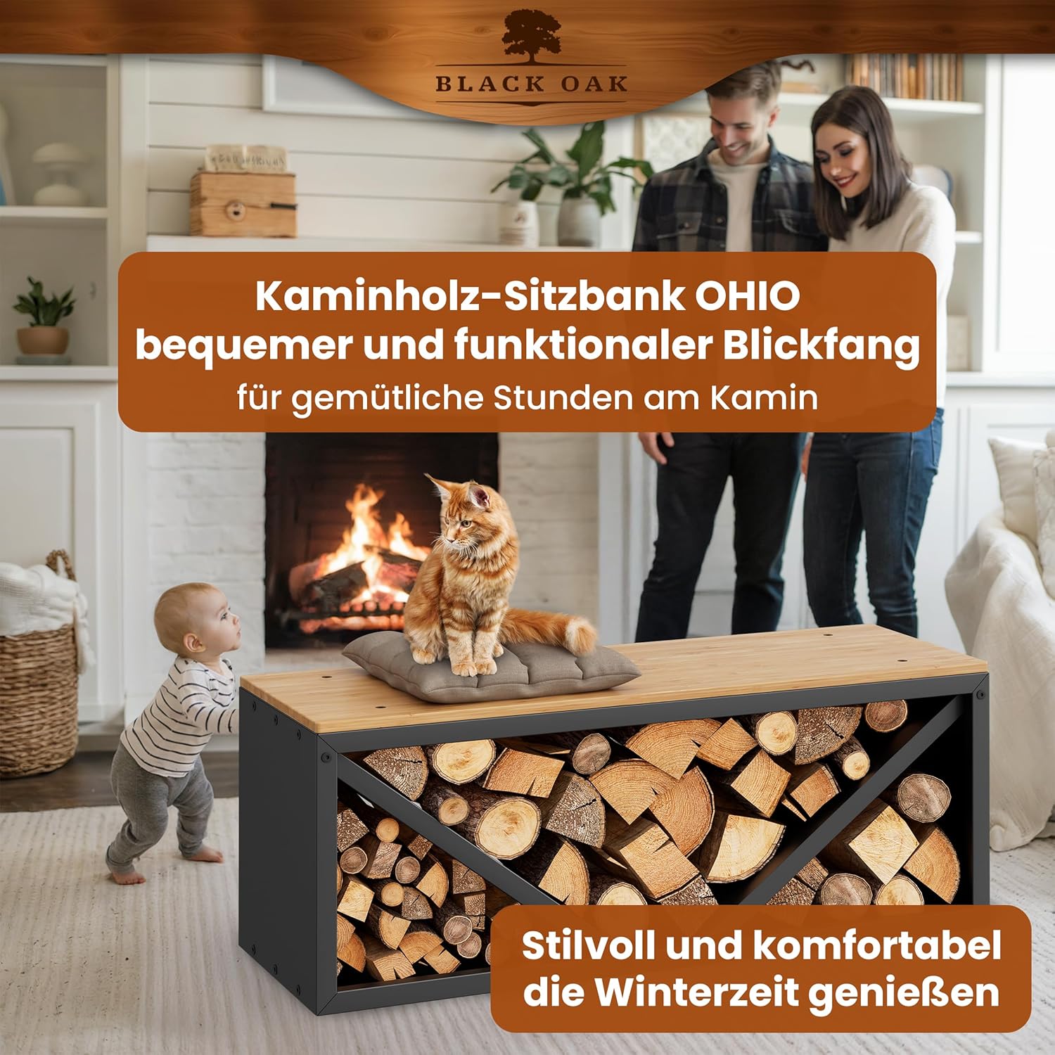 BLACK OAK Kaminholz Regal OHIO 102x41x35cm - Sitzbank für Brennholz Kaminholzregal für innen schwarz modern stabil Stahl + Holz - Metall pulverbeschichtet rostfrei Kaminholz-Sitzbank bis 400 kg Holz
