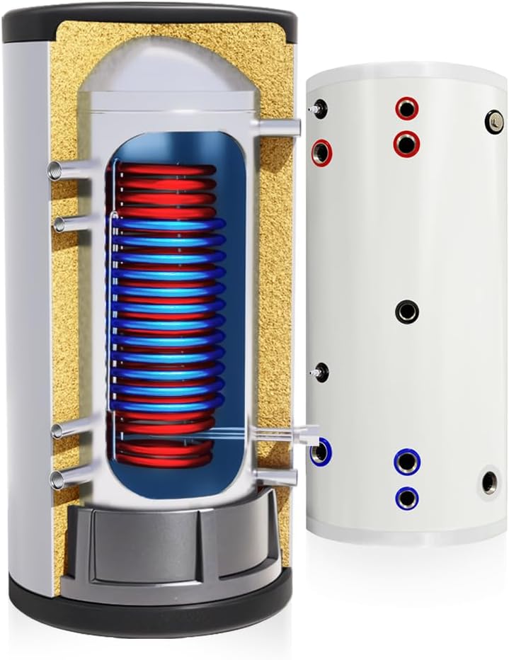 TECHGLOBE - Brauchwasserspeicher mit 2 Wärmetauscher (1.8 + 3.1 m²) - Komplett aus Edelstahl - Energieeffizient Warmwasserspeicher- mit 50mm Isolierung (300 L)