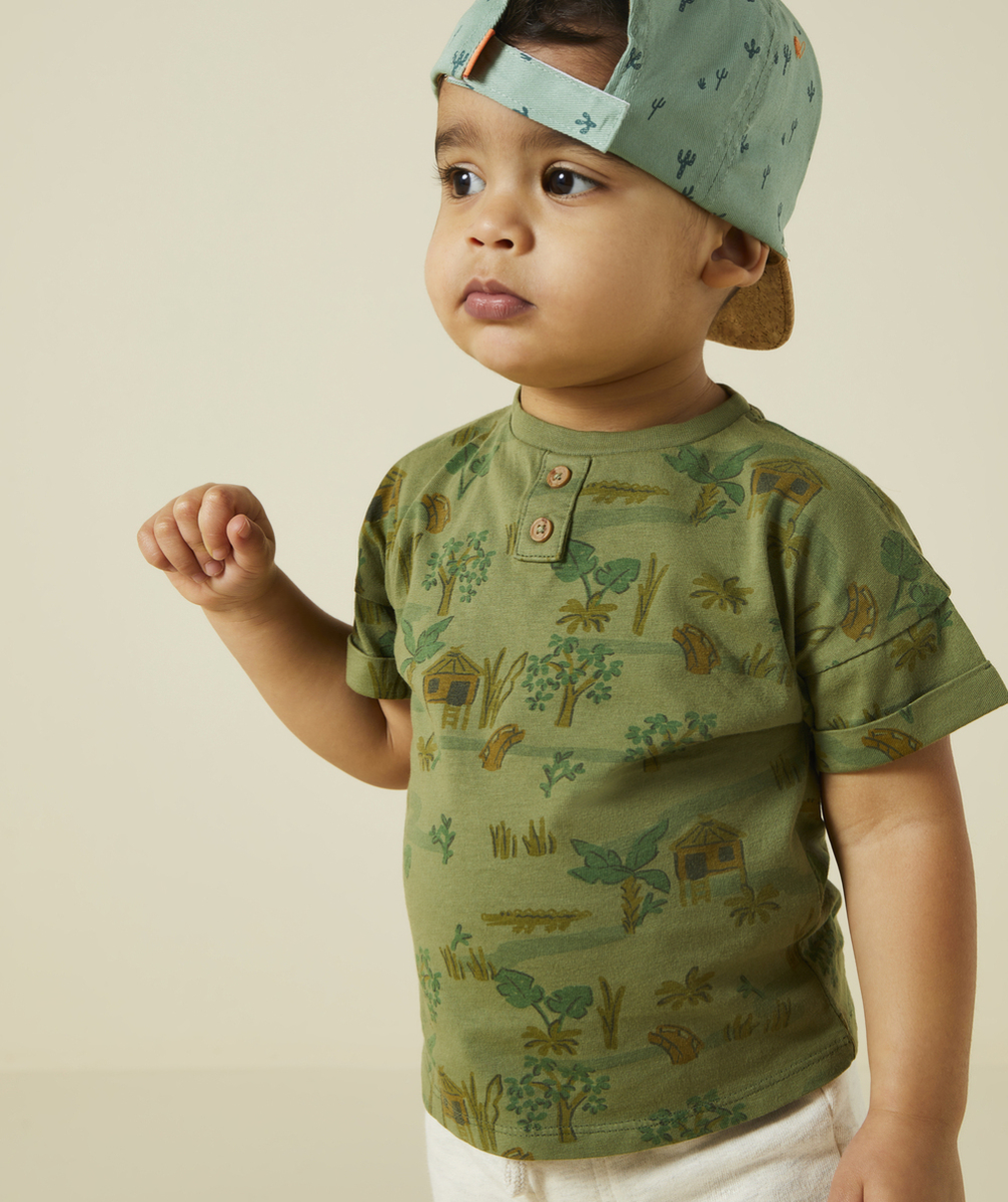 t-shirt manches courtes bébé garçon en coton bio kaki imprimé savane