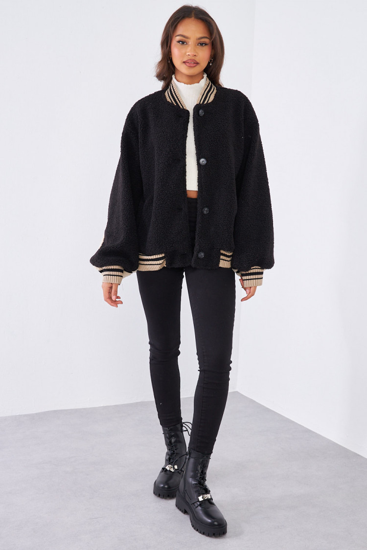 Bomber noir en peau de mouton bicolor