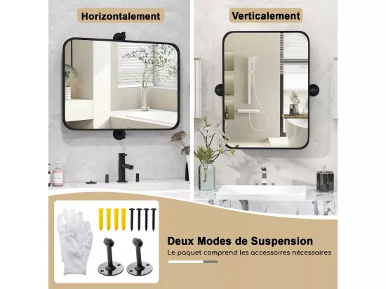 Miroir Salle de Bain 76,5 × 56 cm,4MM Verre Argenté sans Cuivre, Miroir rectangulaire pivotant, Films antidéflagrant